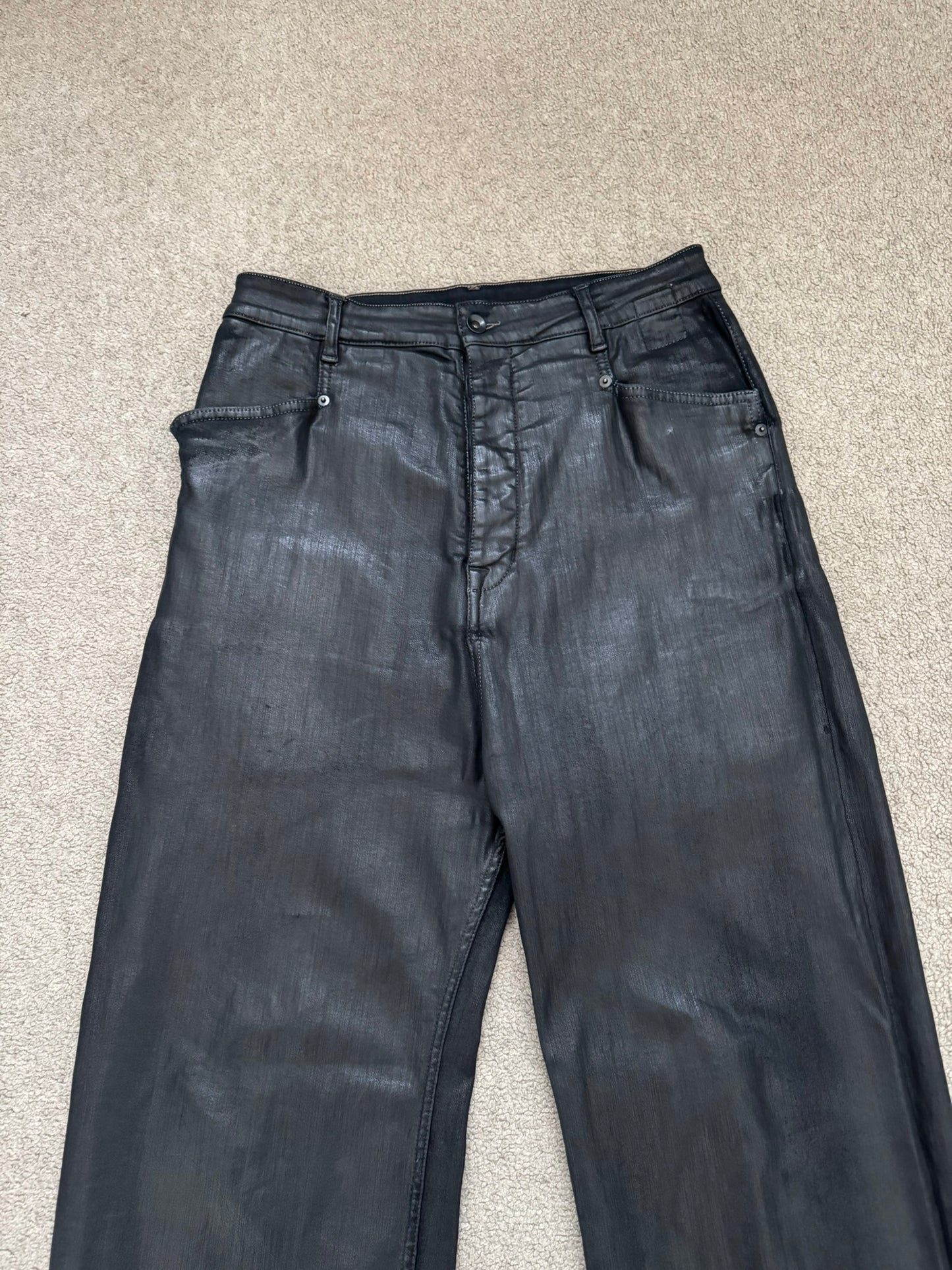 FW18 Rick Owens DRKSHDW Black Waxed Wide Mastodon Denim Jeans