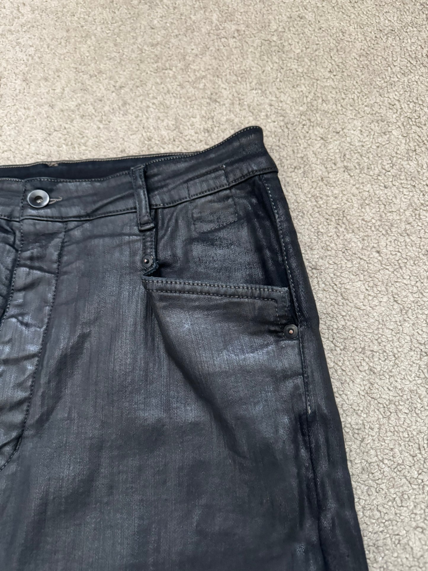 FW18 Rick Owens DRKSHDW Black Waxed Wide Mastodon Denim Jeans