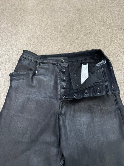 FW18 Rick Owens DRKSHDW Black Waxed Wide Mastodon Denim Jeans