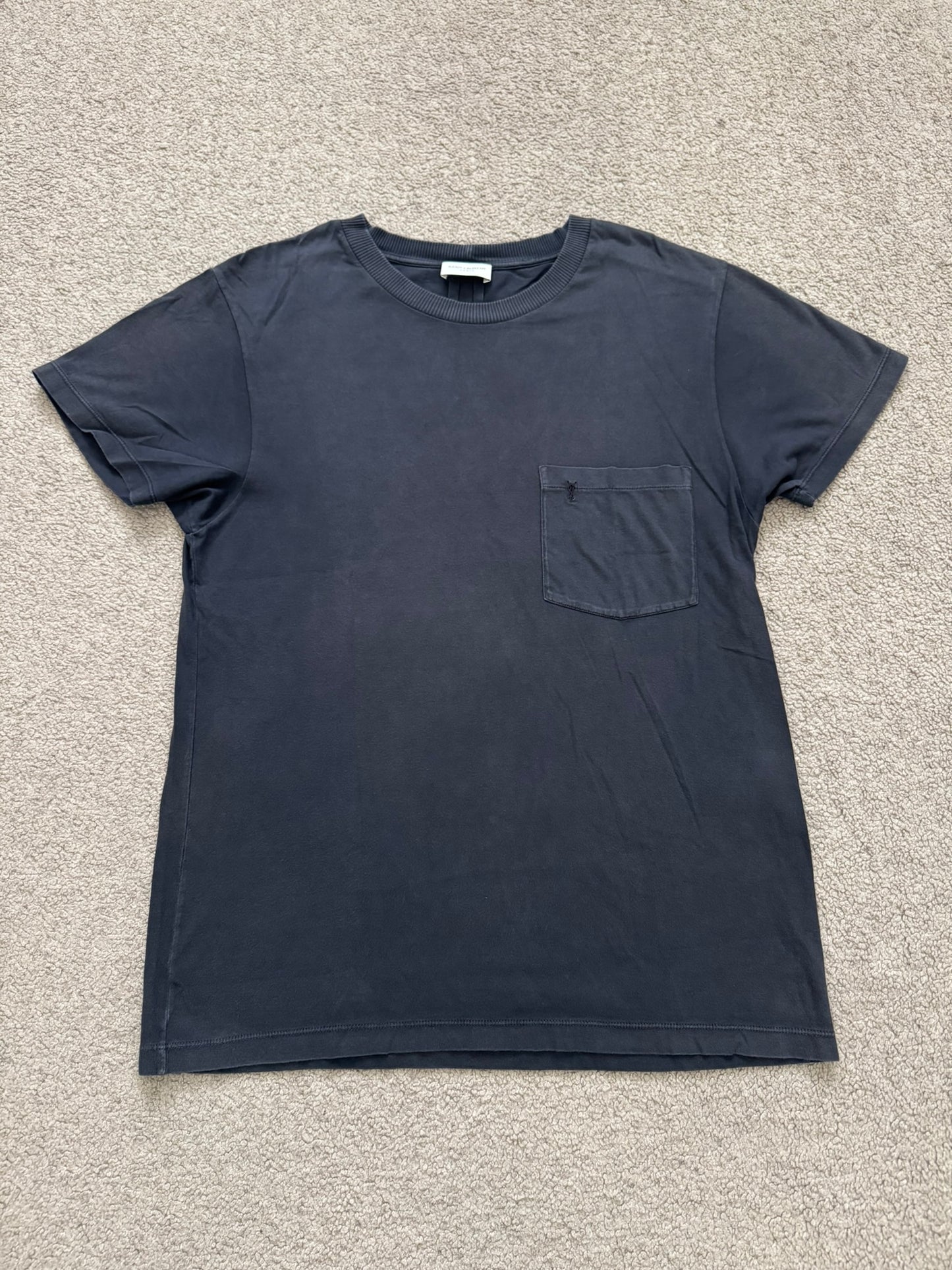 FW15 Saint Laurent By Hedi Slimane Black Embroidered Logo Pocket T Shirt