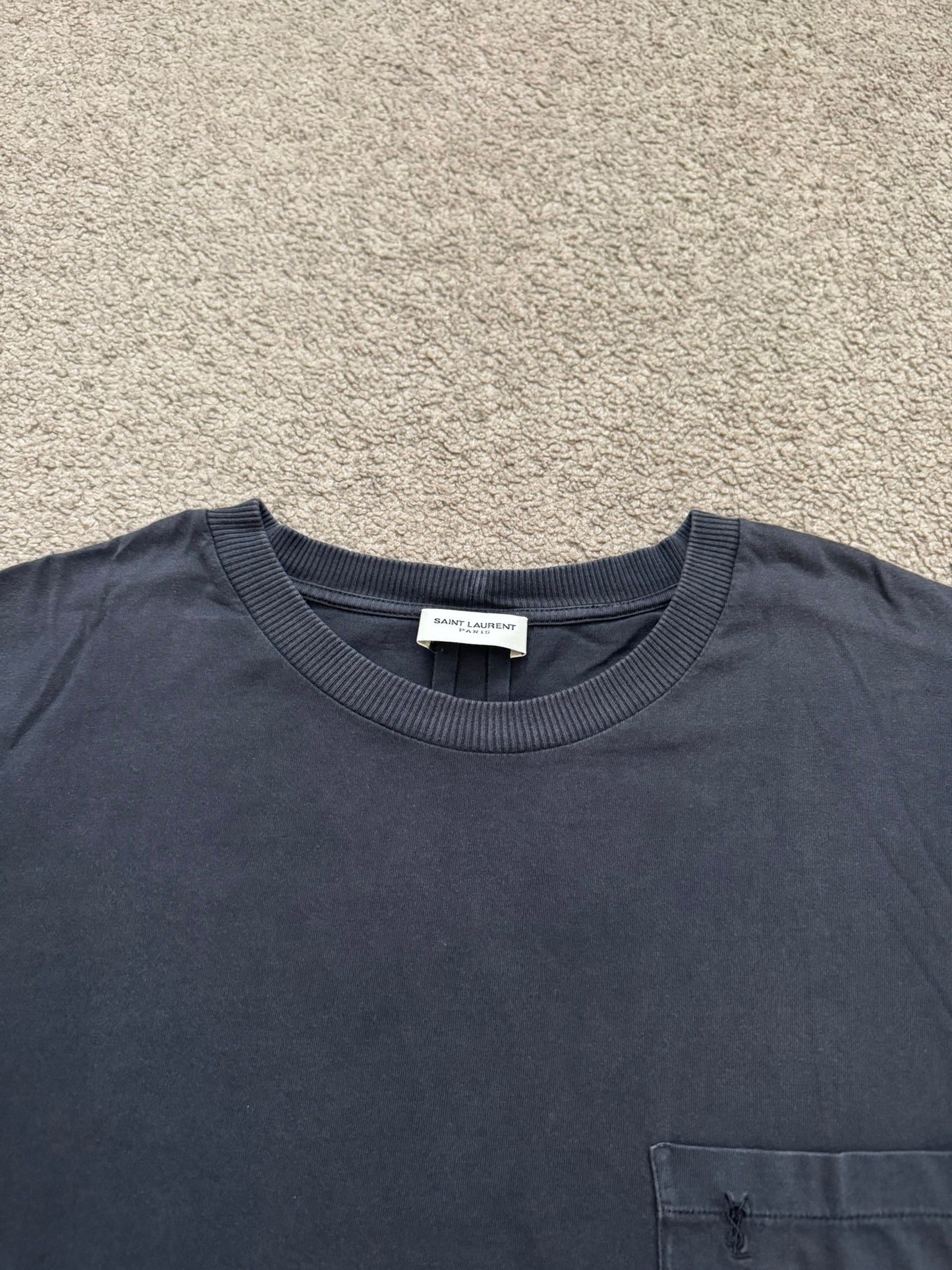 FW15 Saint Laurent By Hedi Slimane Black Embroidered Logo Pocket T Shirt