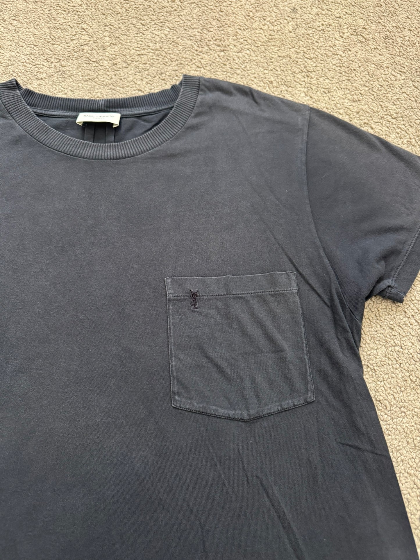 FW15 Saint Laurent By Hedi Slimane Black Embroidered Logo Pocket T Shirt