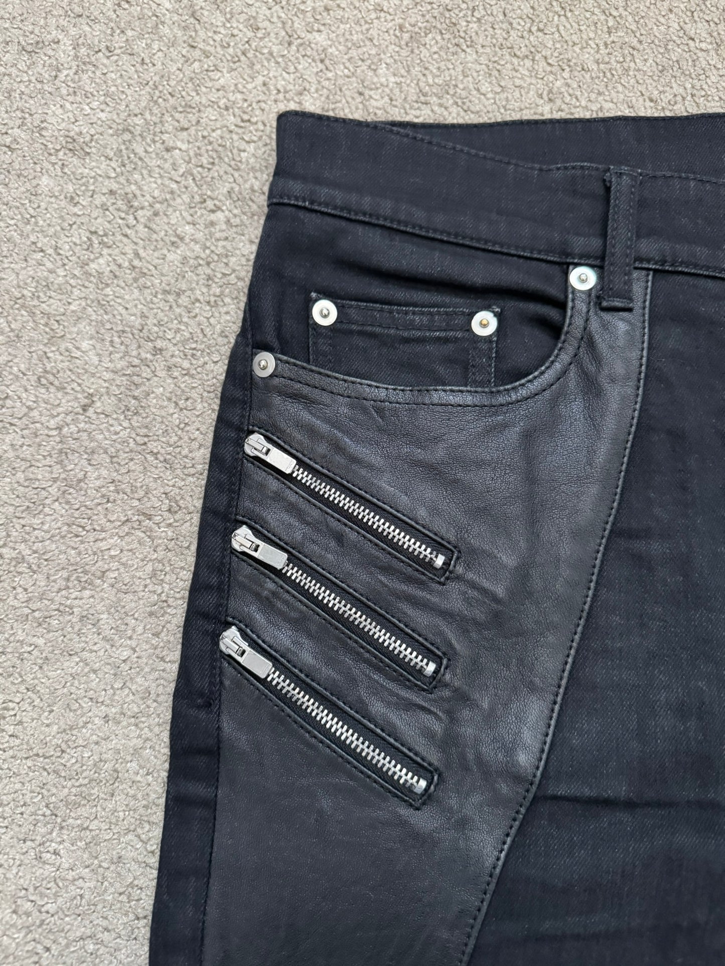 FW15 Saint Laurent by Hedi Slimane 5 Zip Biker Leather Paneled Denim Jeans