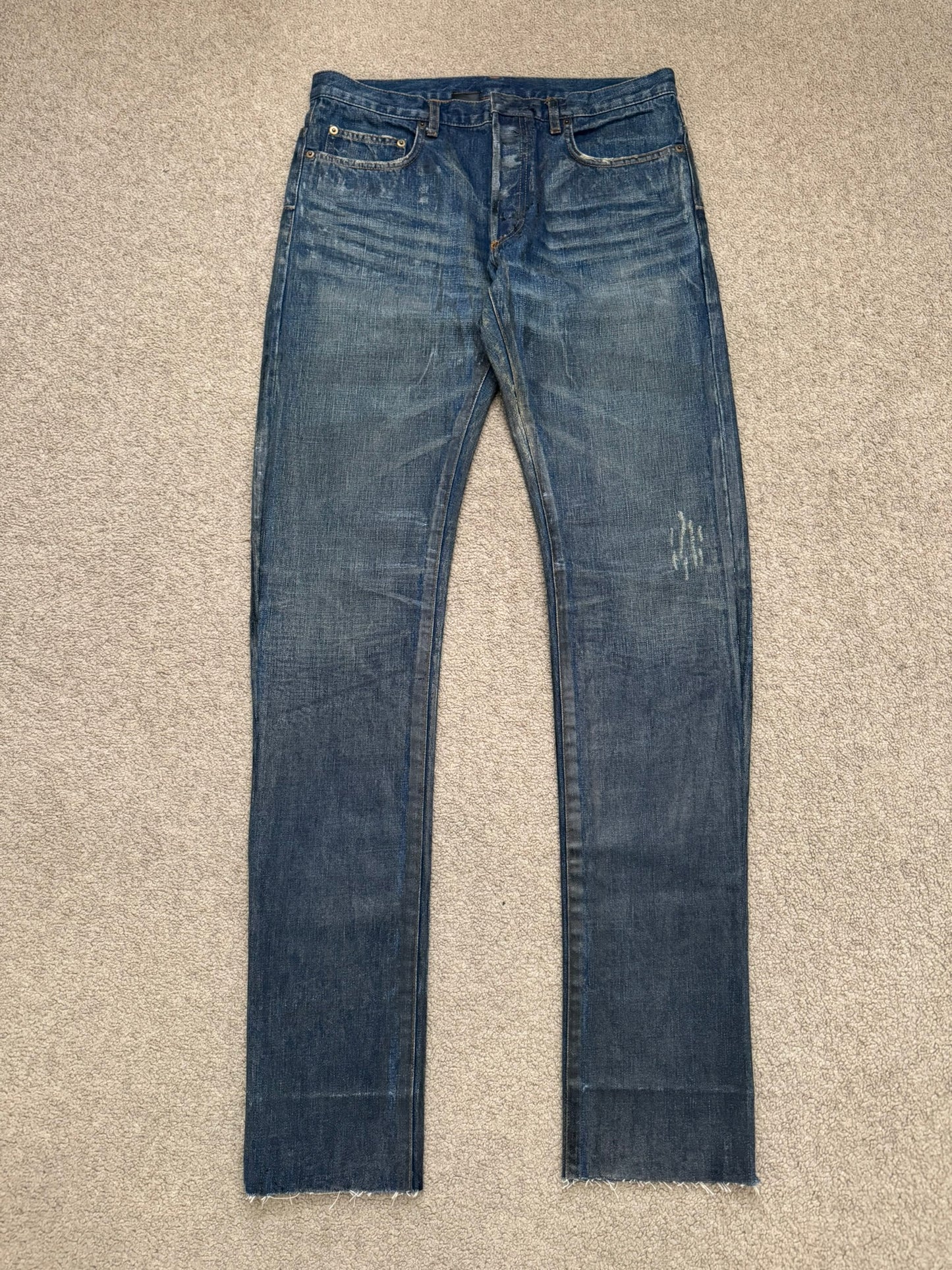 AW04 Dior Homme by Hedi Slimane "Luster" Blue Waxed Clawmark Denim Jeans