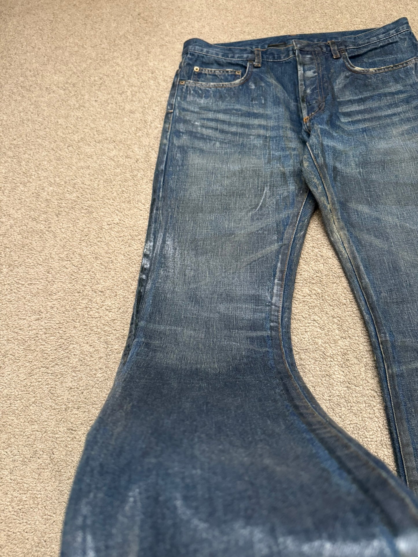 AW04 Dior Homme by Hedi Slimane "Luster" Blue Waxed Clawmark Denim Jeans