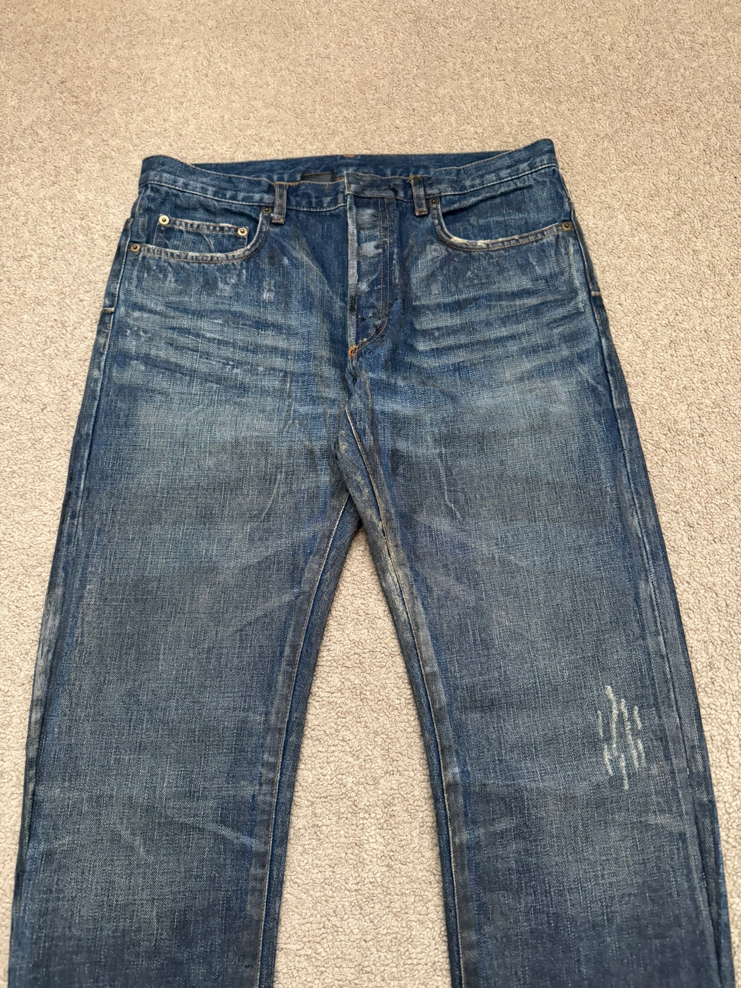 AW04 Dior Homme by Hedi Slimane "Luster" Blue Waxed Clawmark Denim Jeans