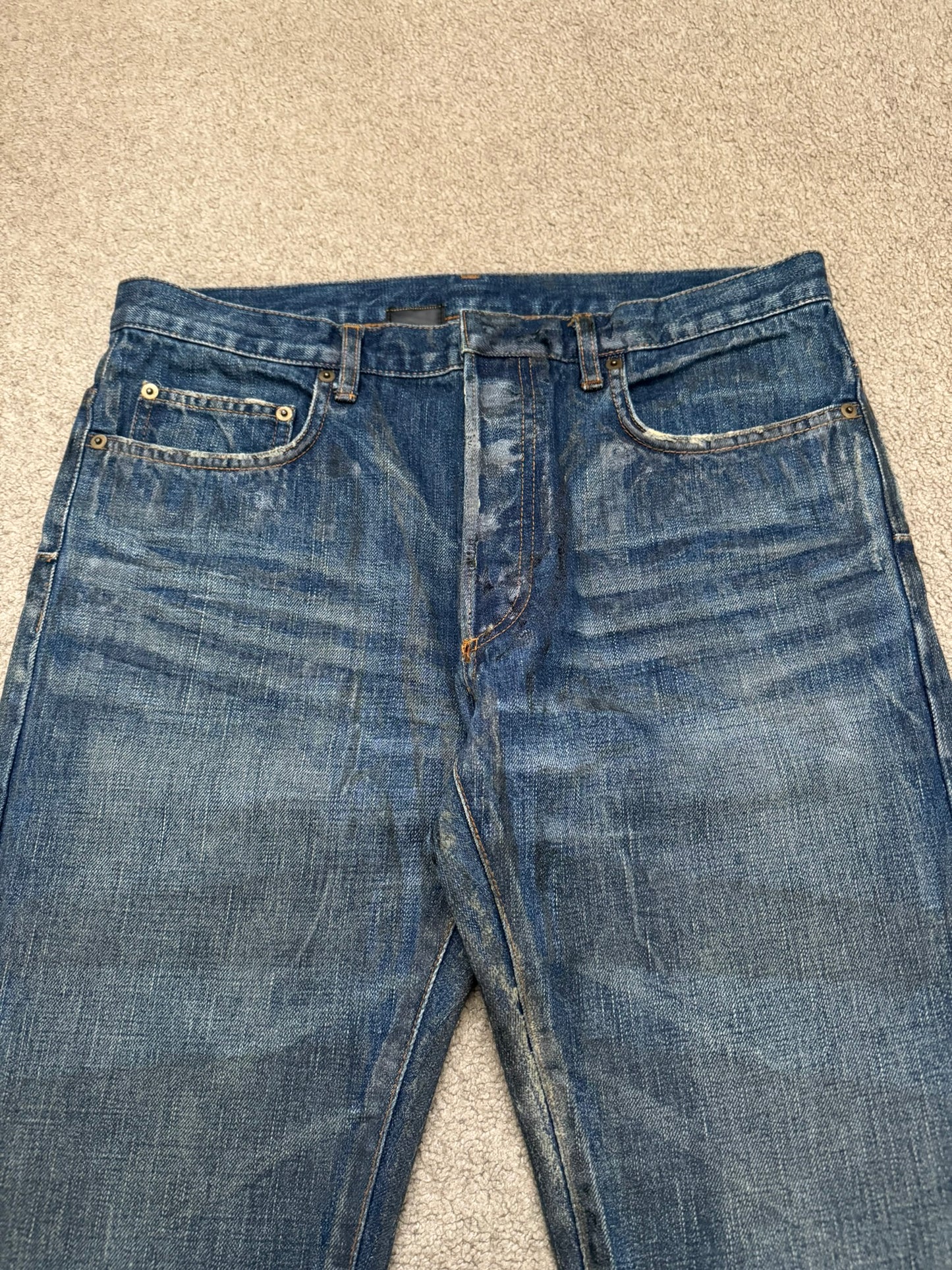 AW04 Dior Homme by Hedi Slimane "Luster" Blue Waxed Clawmark Denim Jeans