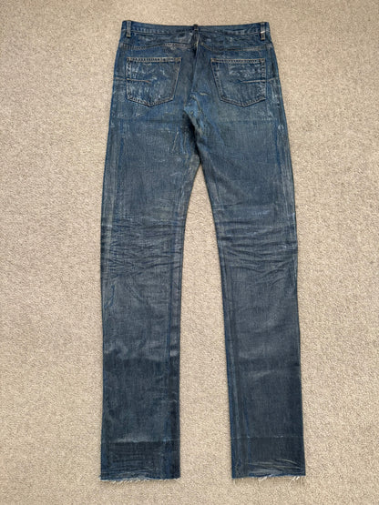 AW04 Dior Homme by Hedi Slimane "Luster" Blue Waxed Clawmark Denim Jeans