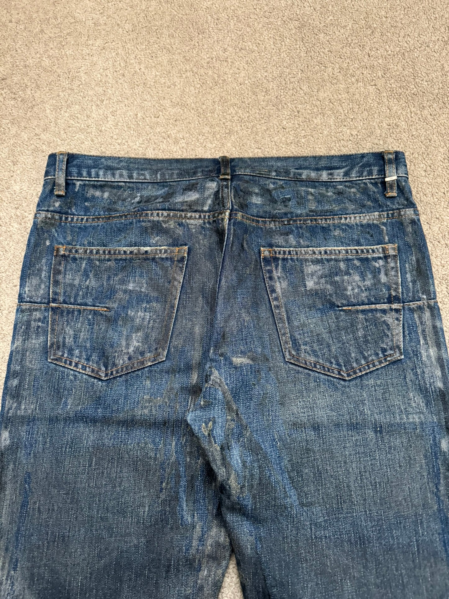 AW04 Dior Homme by Hedi Slimane "Luster" Blue Waxed Clawmark Denim Jeans