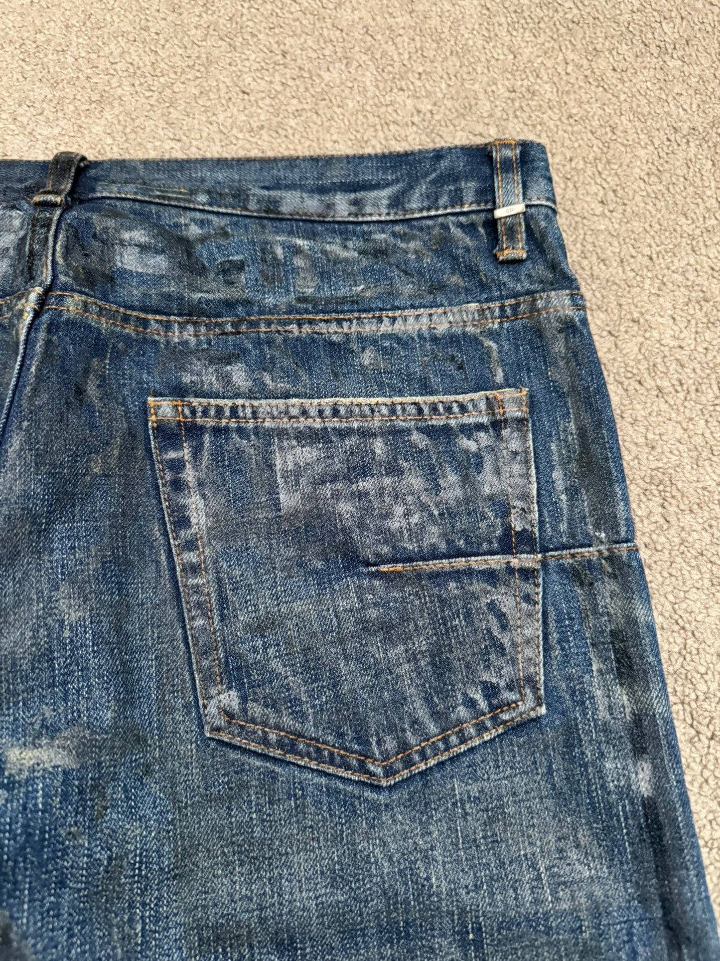 AW04 Dior Homme by Hedi Slimane "Luster" Blue Waxed Clawmark Denim Jeans