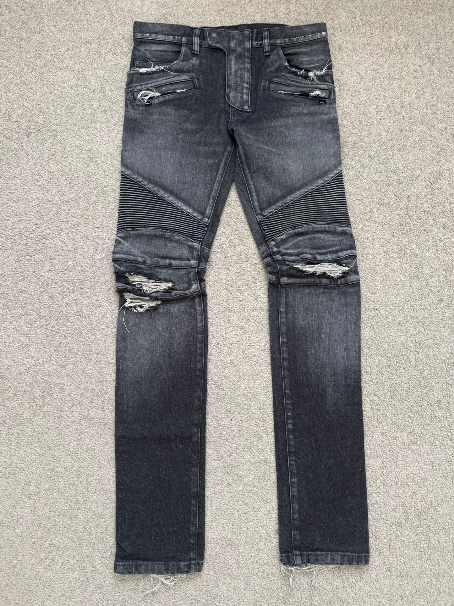 Balmain by Olivier Rousteing Distressed Zip Biker Denim Jeans