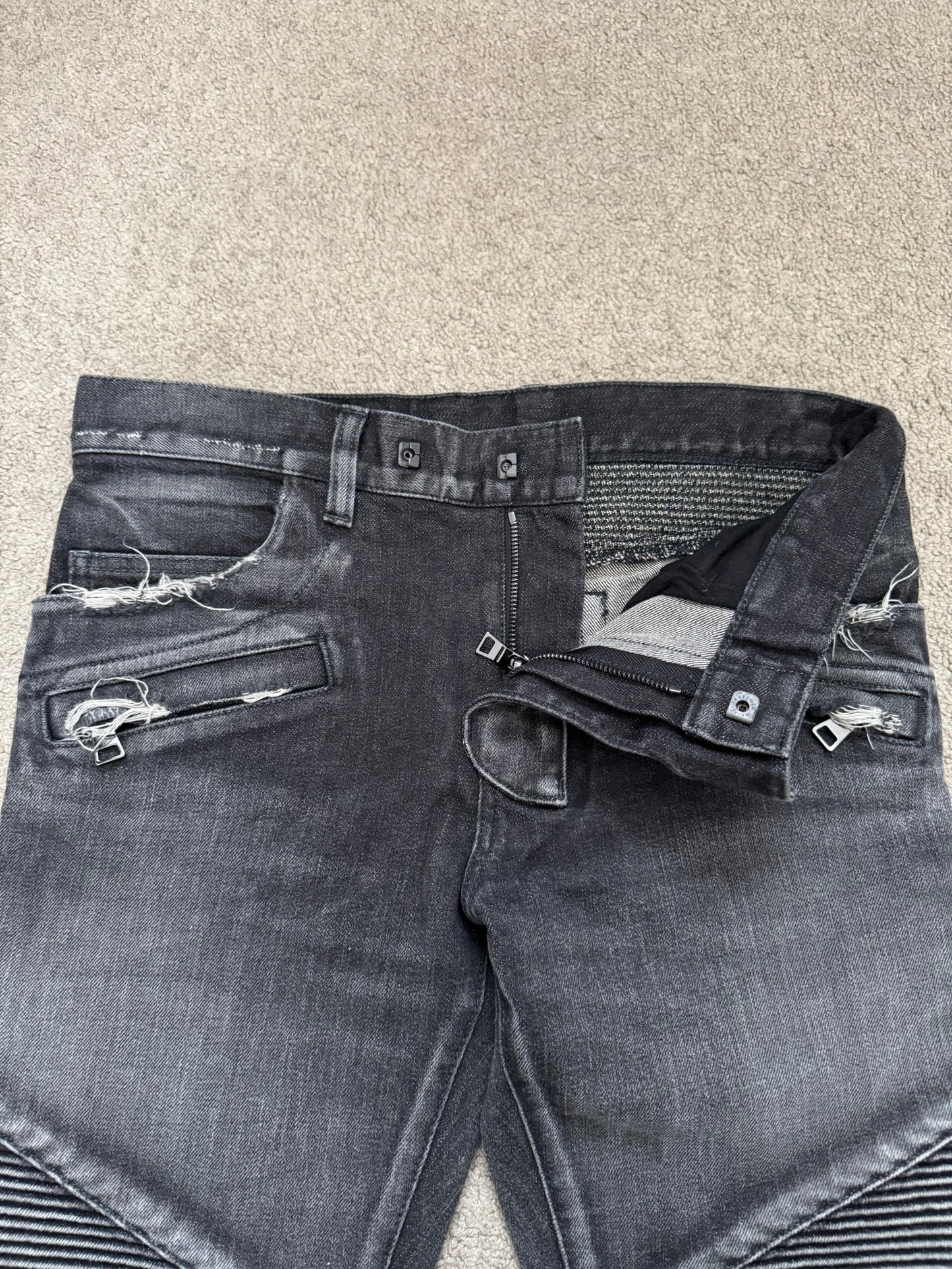 Balmain by Olivier Rousteing Distressed Zip Biker Denim Jeans