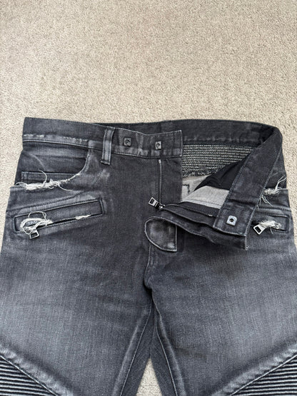Balmain by Olivier Rousteing Distressed Zip Biker Denim Jeans
