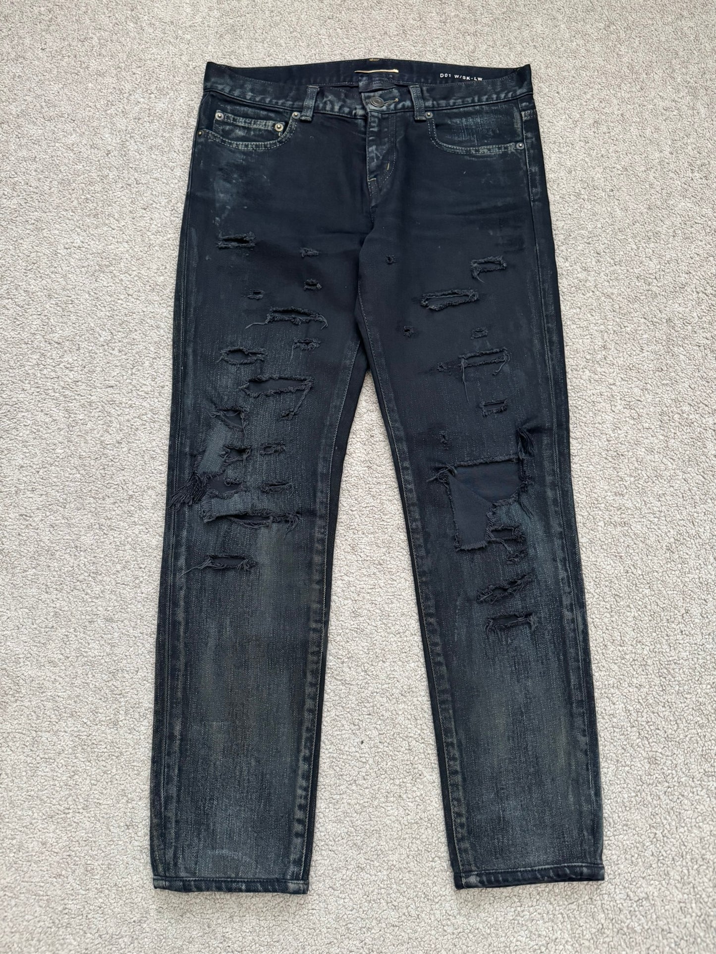 FW14 Saint Laurent by Hedi Slimane Oil Stain Crash Distress Denim Jeans
