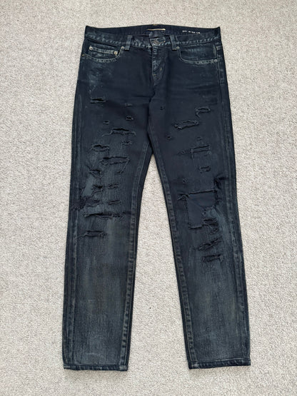 FW14 Saint Laurent by Hedi Slimane Oil Stain Crash Distress Denim Jeans