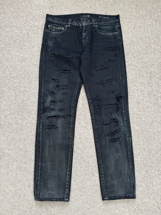 FW14 Saint Laurent by Hedi Slimane Oil Stain Crash Distress Denim Jeans