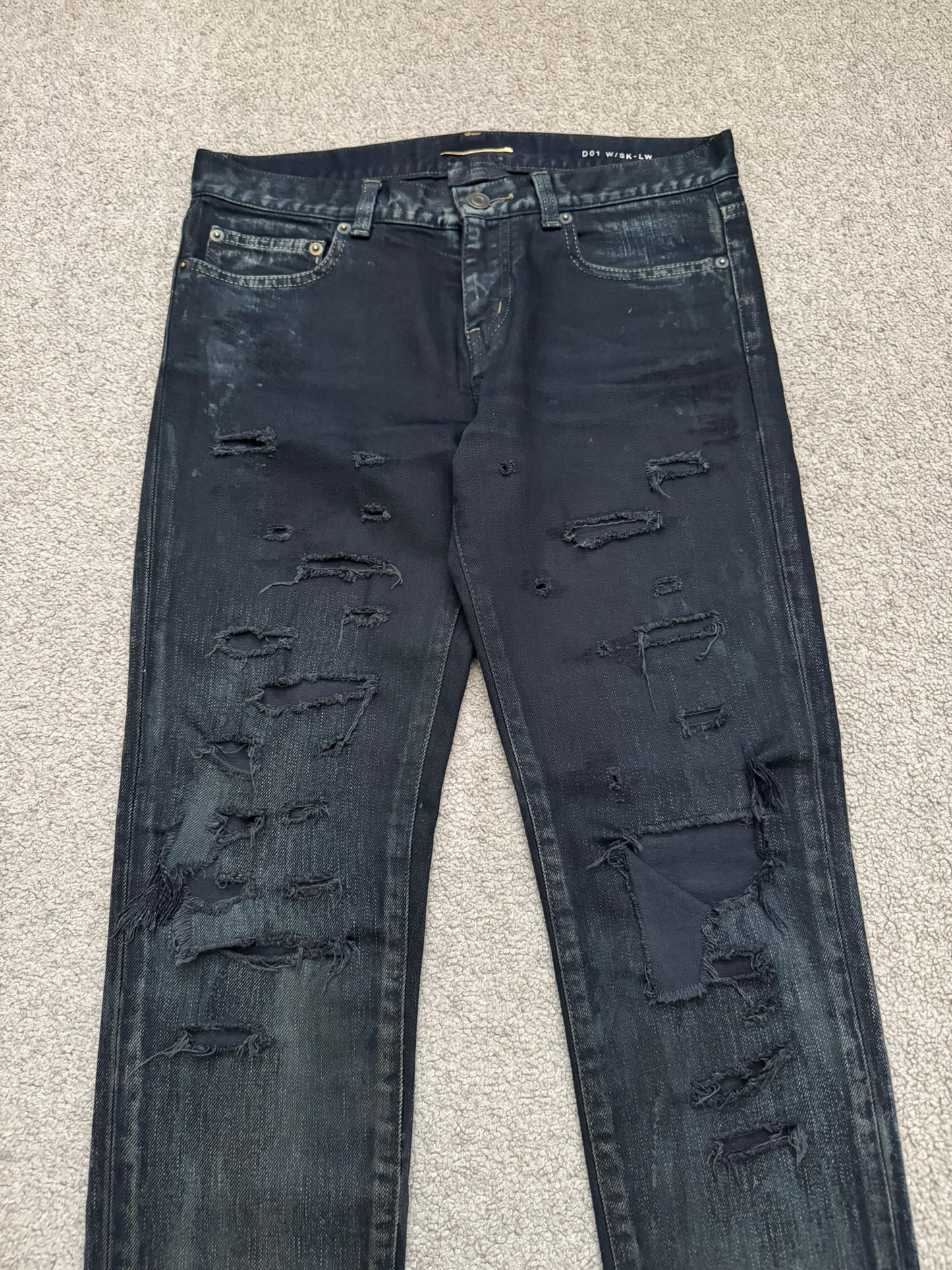FW14 Saint Laurent by Hedi Slimane Oil Stain Crash Distress Denim Jeans