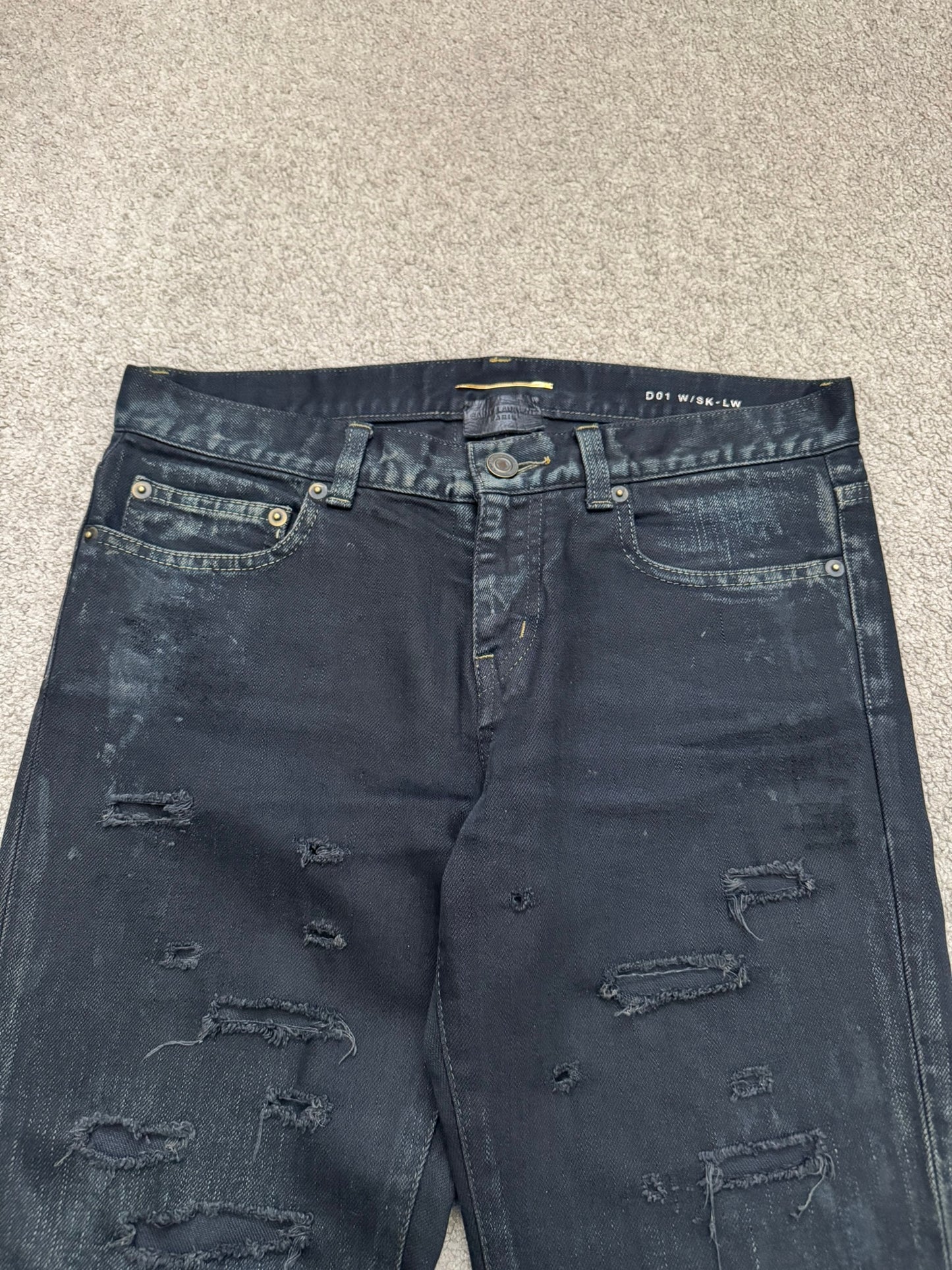 FW14 Saint Laurent by Hedi Slimane Oil Stain Crash Distress Denim Jeans