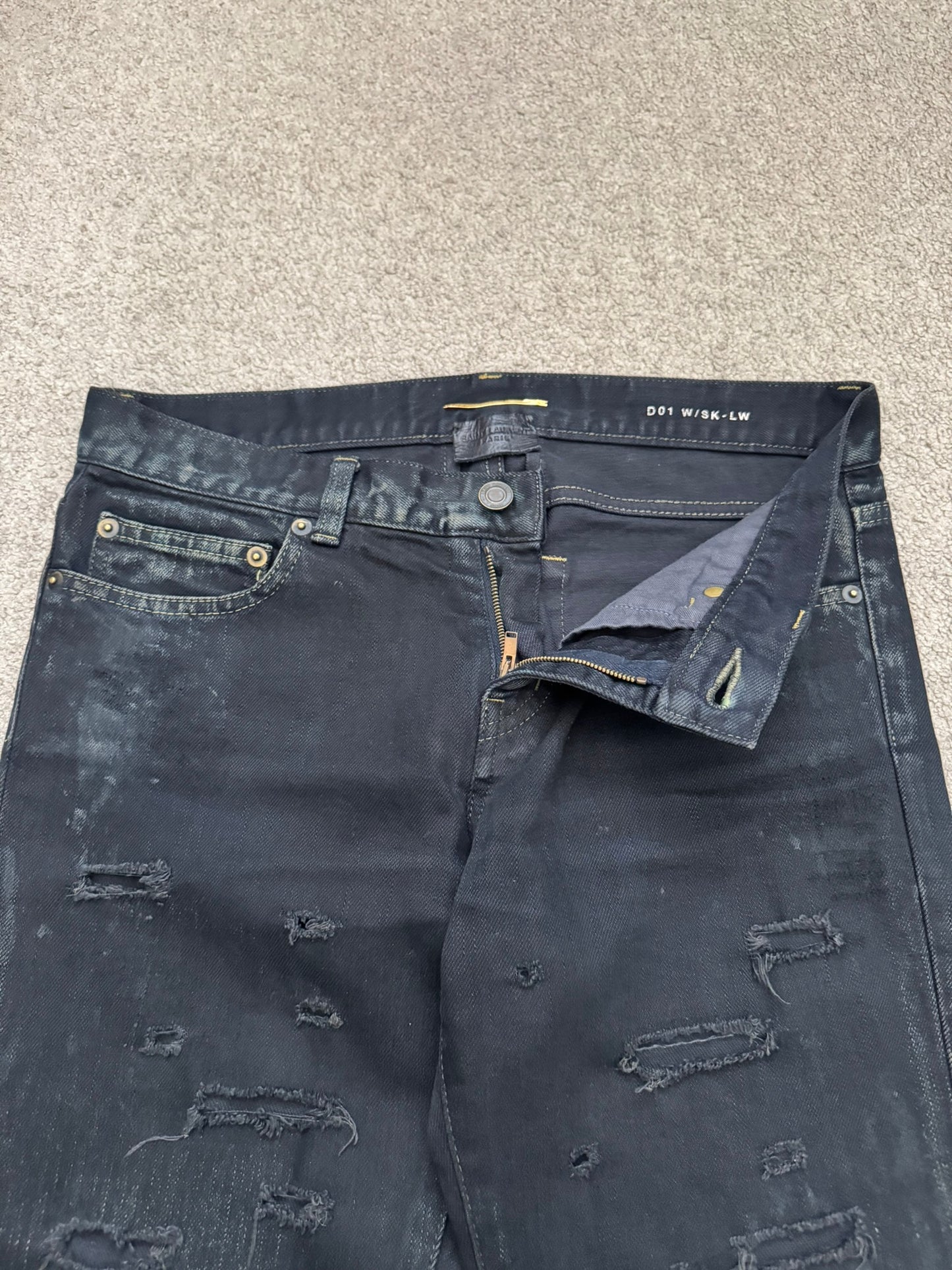 FW14 Saint Laurent by Hedi Slimane Oil Stain Crash Distress Denim Jeans
