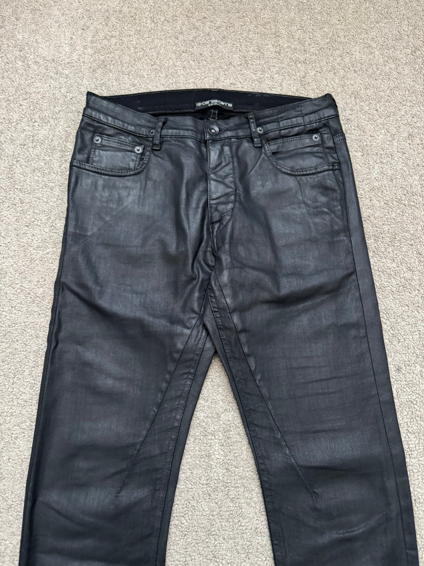 FW15 Rick Owens DRKSHDW Black Waxed Detroit Cut Denim Jeans