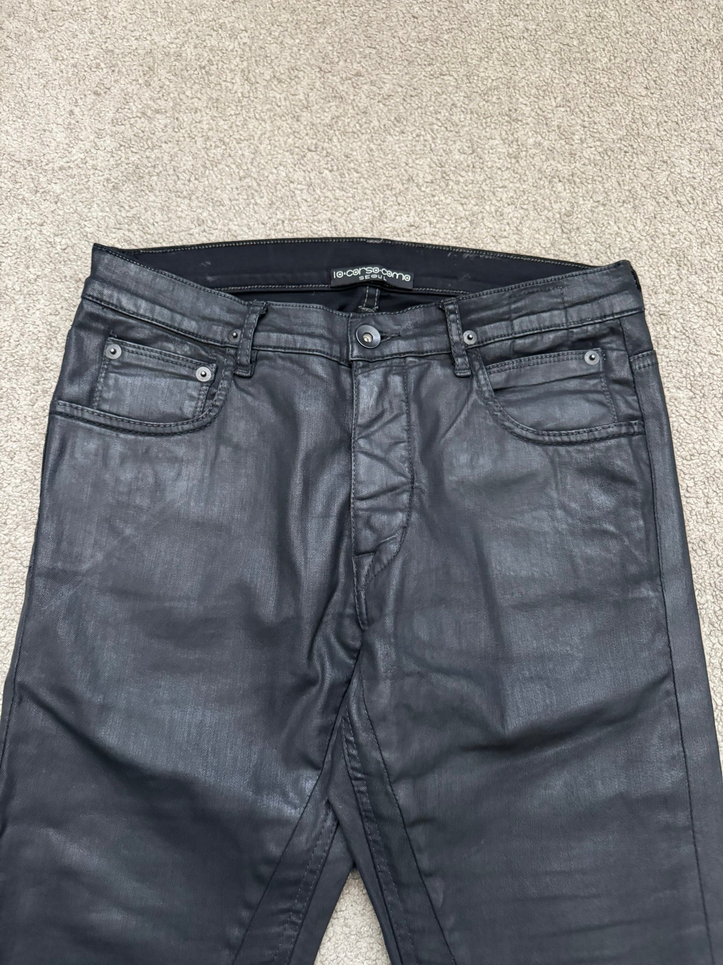 FW15 Rick Owens DRKSHDW Black Waxed Detroit Cut Denim Jeans