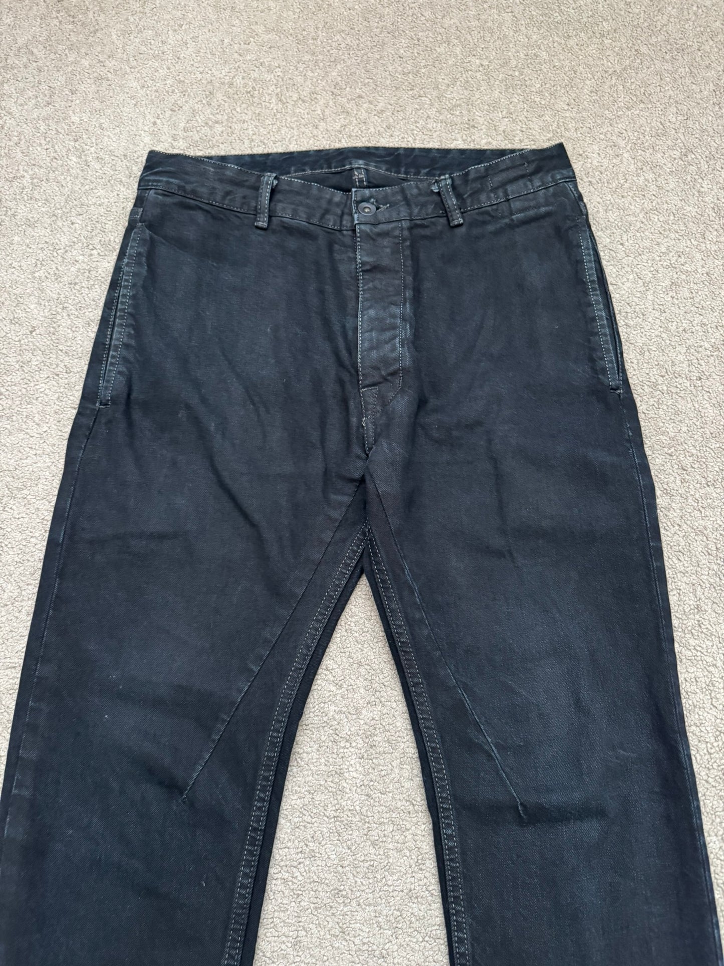 FW16 Rick Owens DRKSHDW Black Waxed Torrence Cut Denim Jeans
