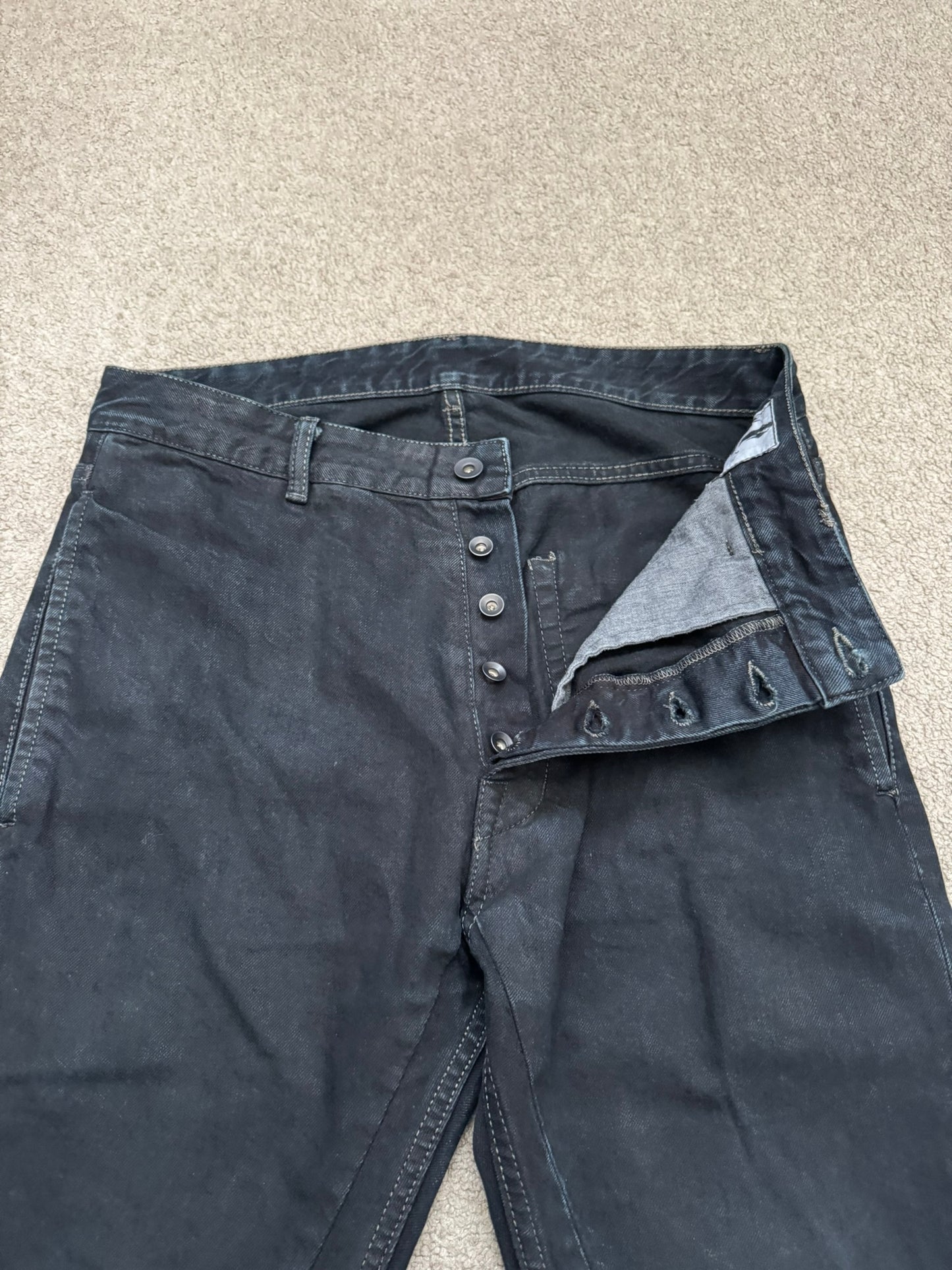 FW16 Rick Owens DRKSHDW Black Waxed Torrence Cut Denim Jeans