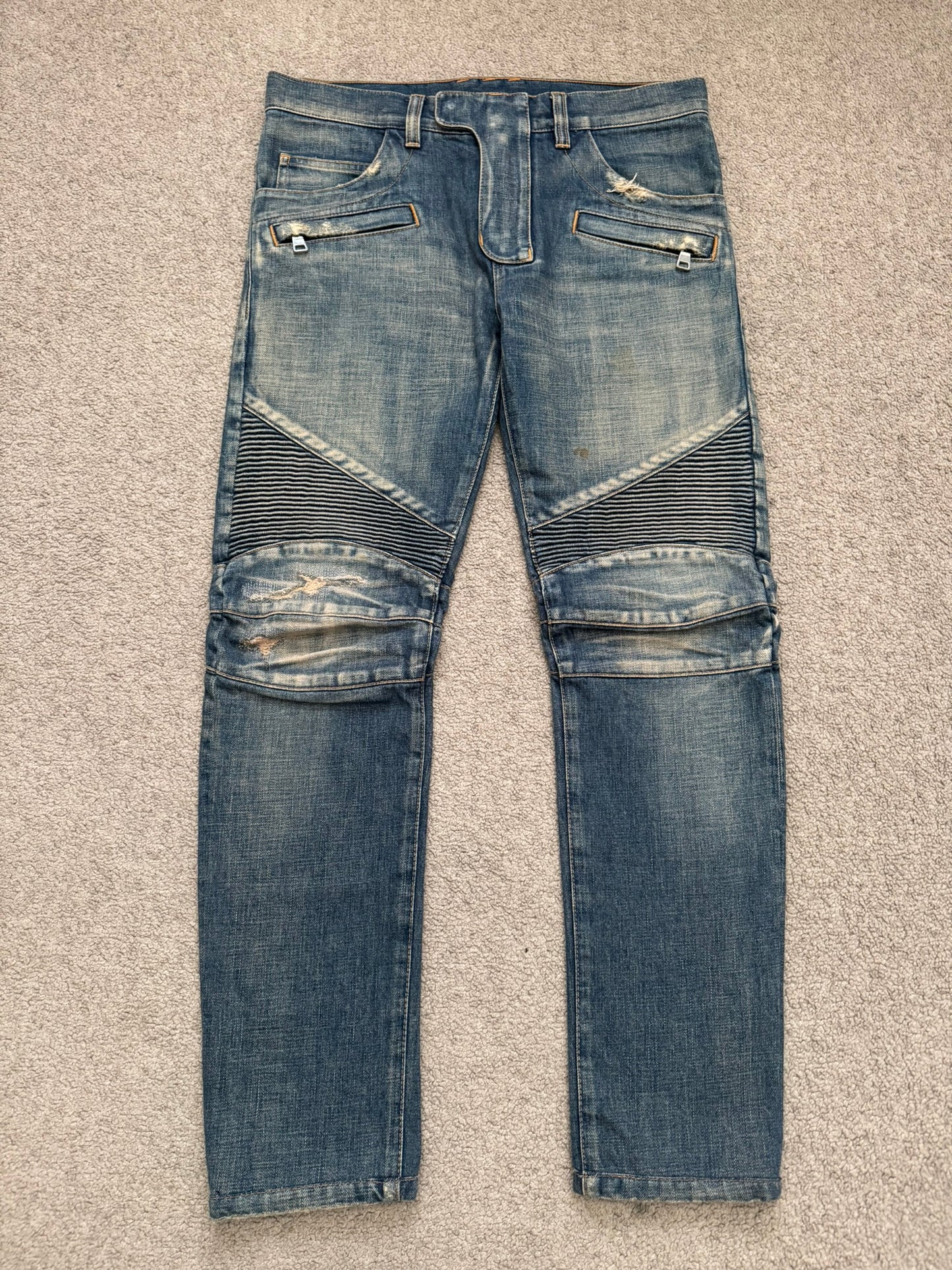 Balmain by Olivier Rousteing Blue Washed Zip Biker Denim Jeans