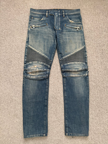 Balmain by Olivier Rousteing Blue Washed Zip Biker Denim Jeans