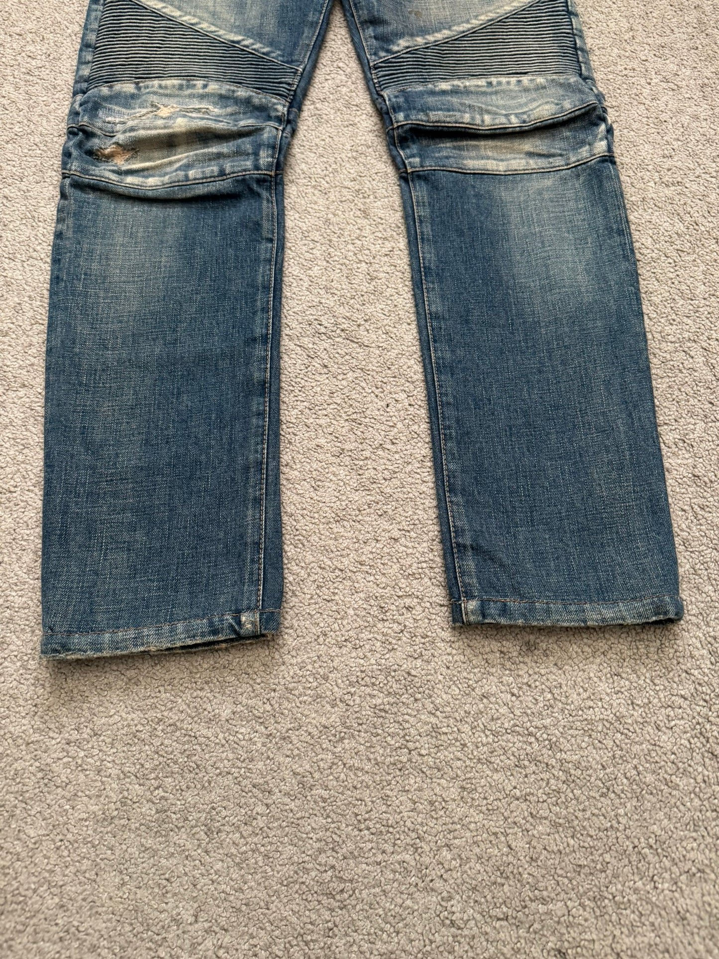 Balmain by Olivier Rousteing Blue Washed Zip Biker Denim Jeans