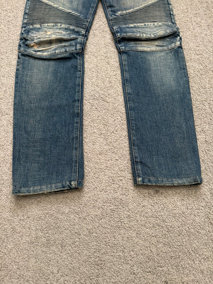 Balmain by Olivier Rousteing Blue Washed Zip Biker Denim Jeans