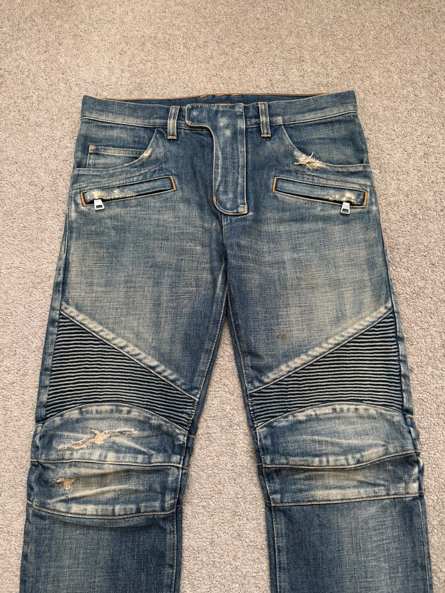 Balmain by Olivier Rousteing Blue Washed Zip Biker Denim Jeans