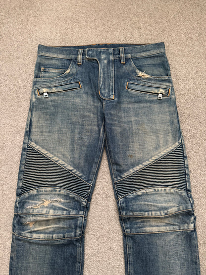 Balmain by Olivier Rousteing Blue Washed Zip Biker Denim Jeans