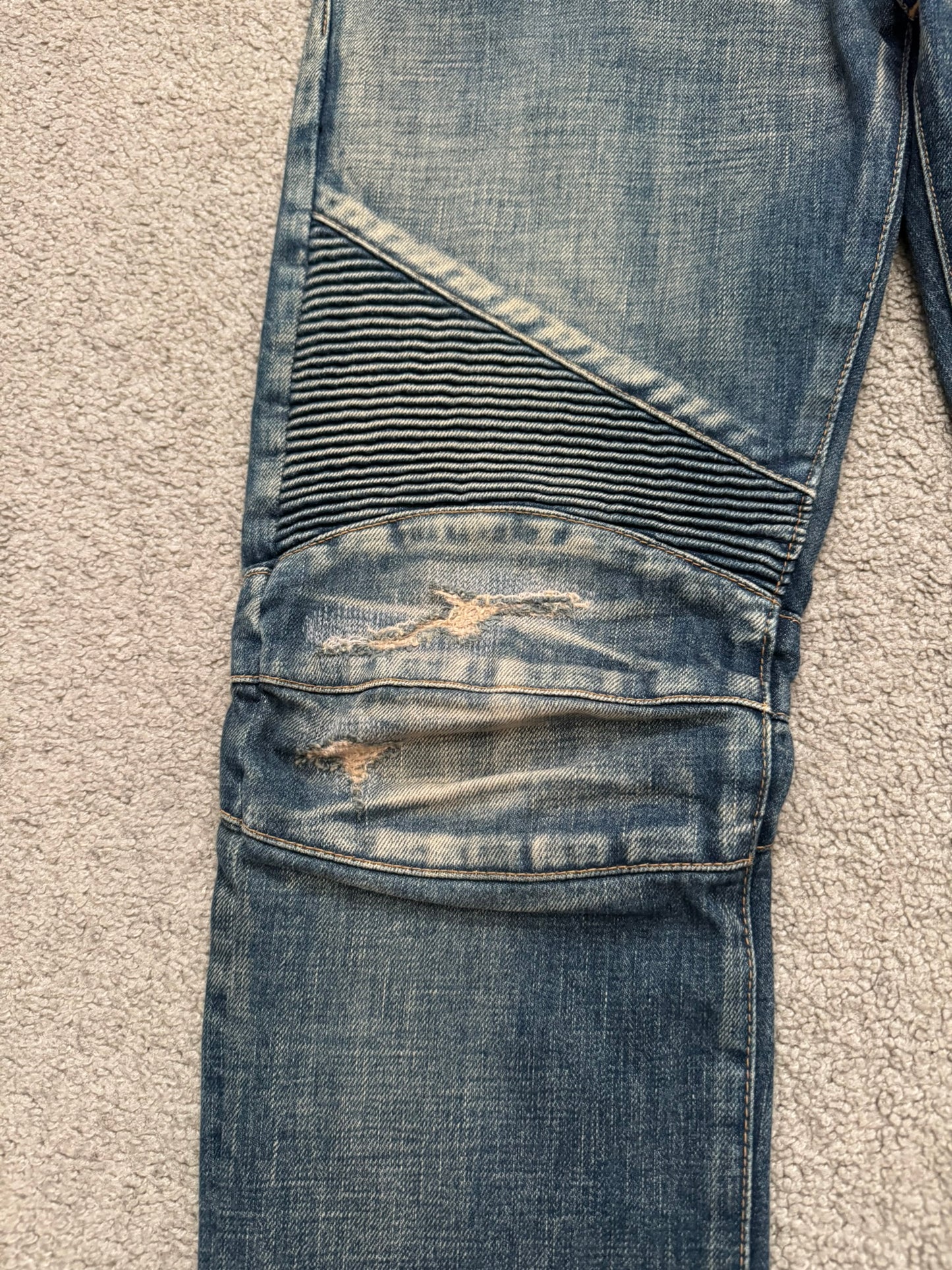 Balmain by Olivier Rousteing Blue Washed Zip Biker Denim Jeans