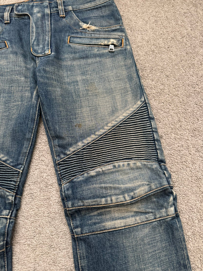 Balmain by Olivier Rousteing Blue Washed Zip Biker Denim Jeans