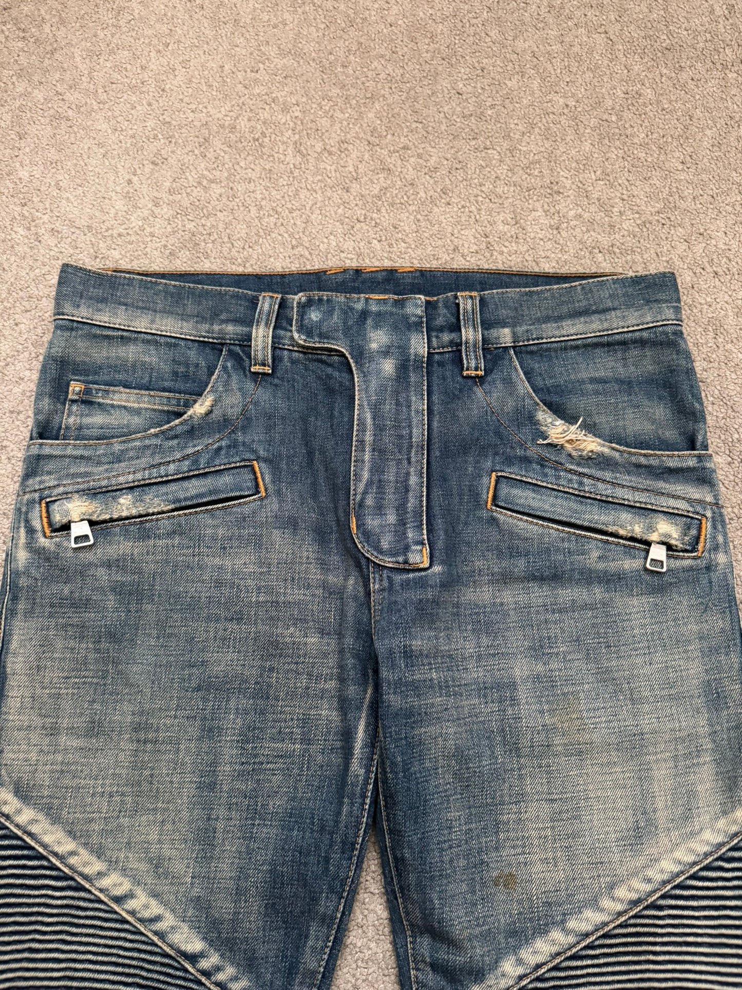 Balmain by Olivier Rousteing Blue Washed Zip Biker Denim Jeans