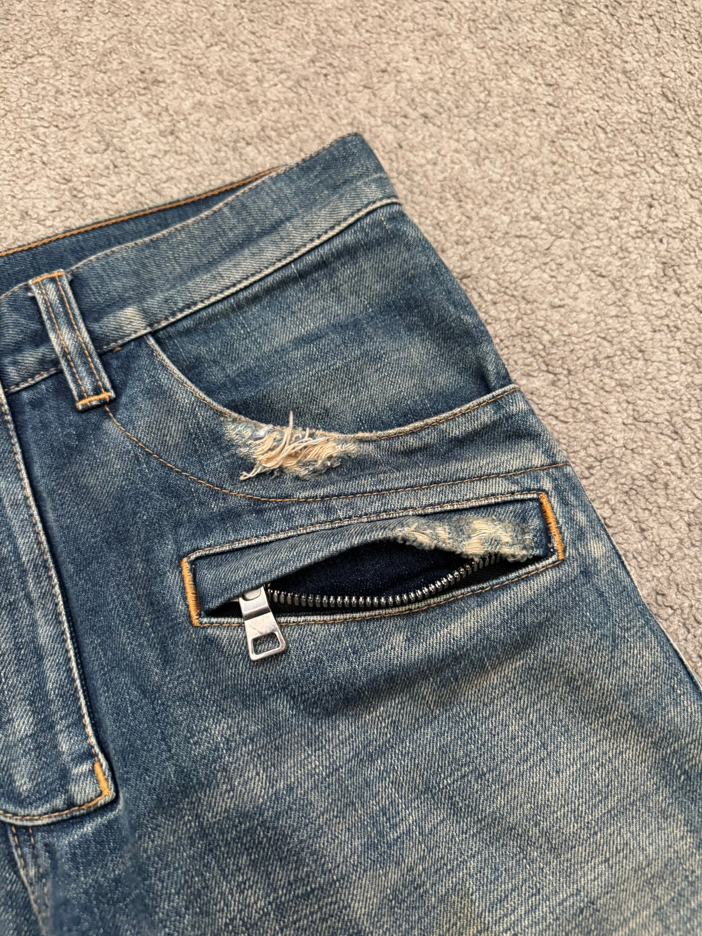 Balmain by Olivier Rousteing Blue Washed Zip Biker Denim Jeans