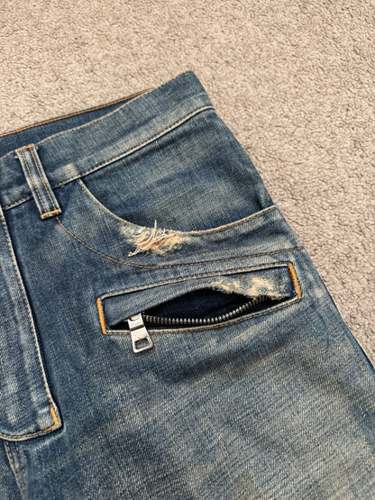 Balmain by Olivier Rousteing Blue Washed Zip Biker Denim Jeans