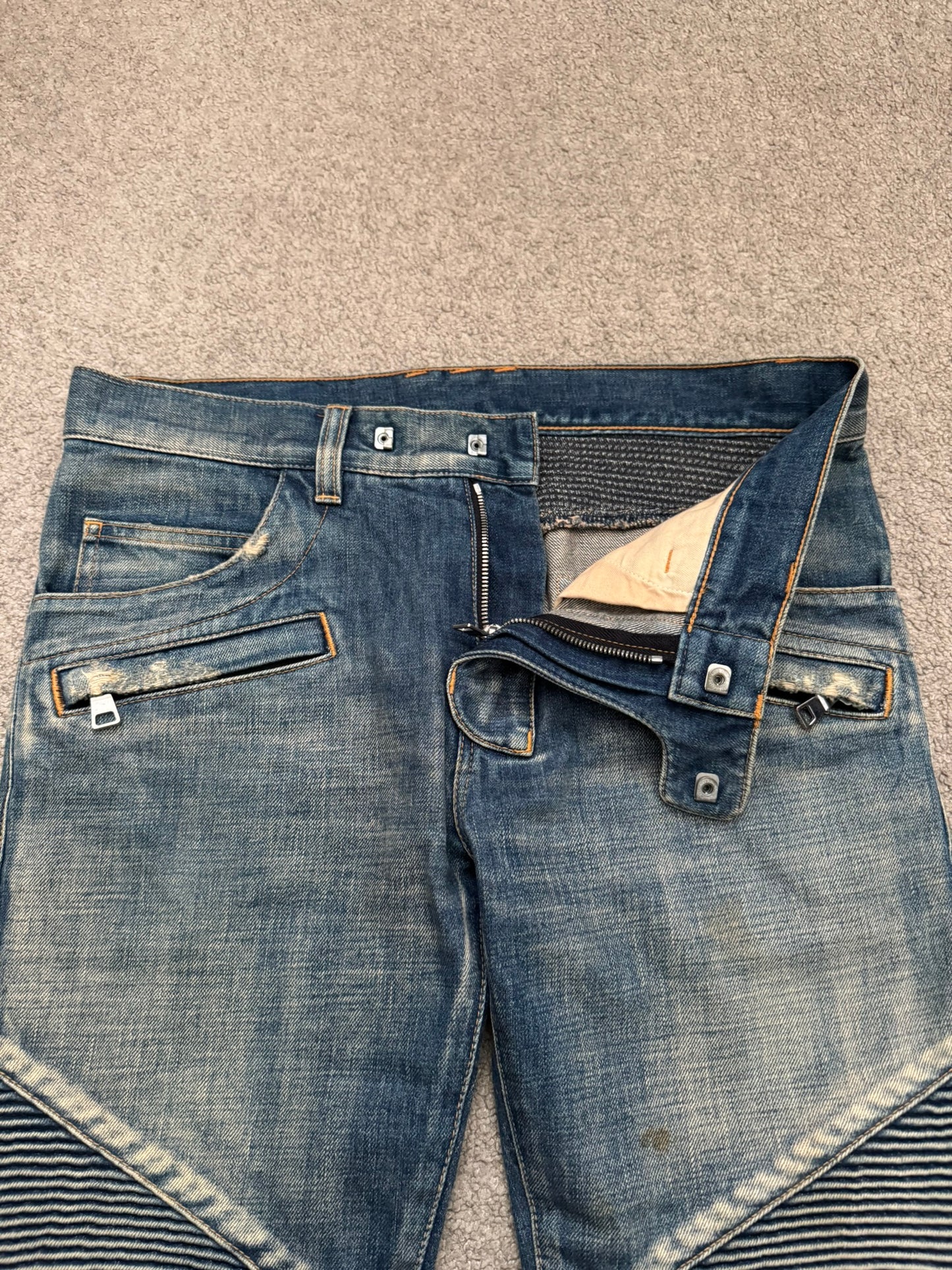 Balmain by Olivier Rousteing Blue Washed Zip Biker Denim Jeans