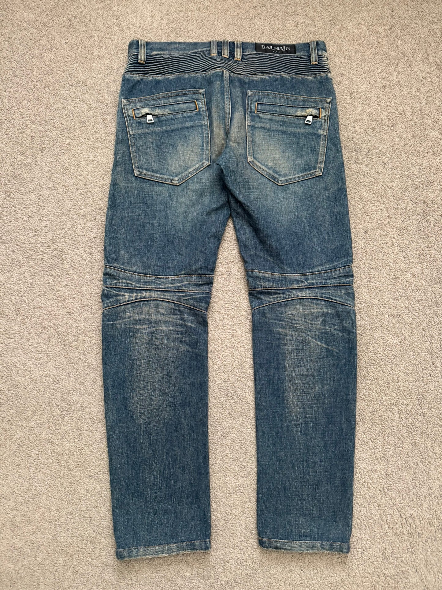 Balmain by Olivier Rousteing Blue Washed Zip Biker Denim Jeans