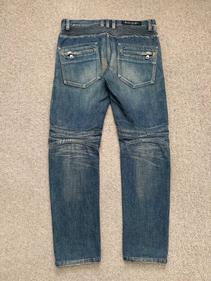 Balmain by Olivier Rousteing Blue Washed Zip Biker Denim Jeans