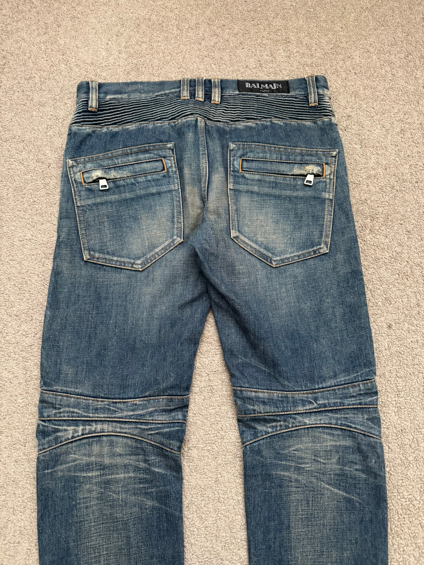Balmain by Olivier Rousteing Blue Washed Zip Biker Denim Jeans