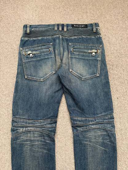 Balmain by Olivier Rousteing Blue Washed Zip Biker Denim Jeans