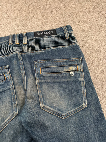Balmain by Olivier Rousteing Blue Washed Zip Biker Denim Jeans