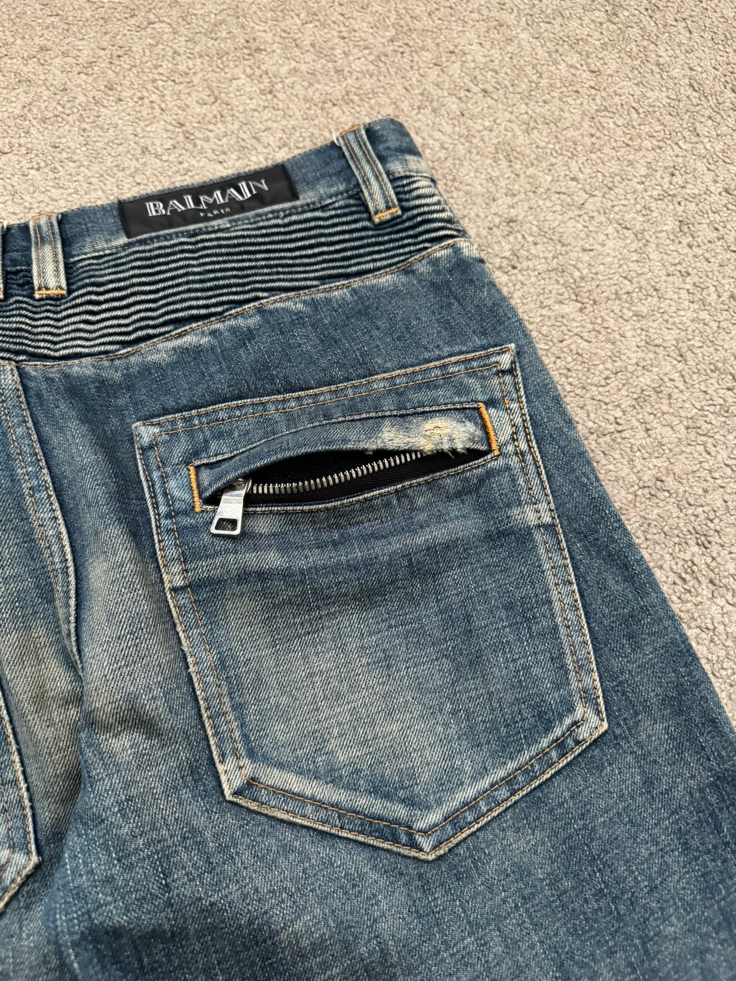 Balmain by Olivier Rousteing Blue Washed Zip Biker Denim Jeans