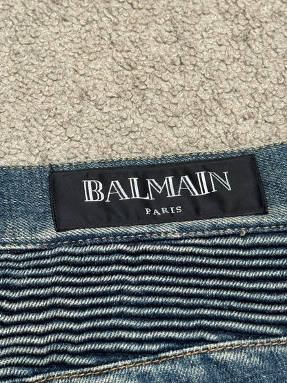 Balmain by Olivier Rousteing Blue Washed Zip Biker Denim Jeans