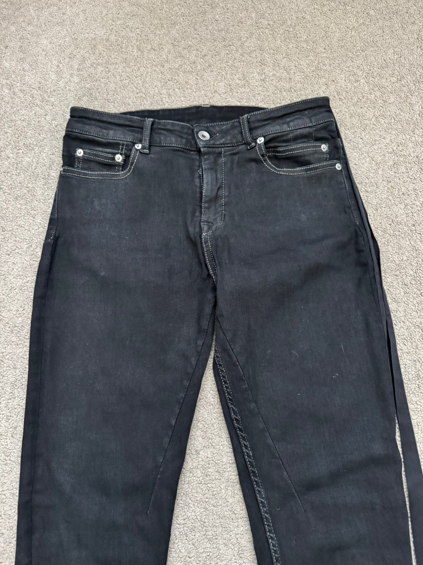 FW21 Rick Owens DRKSHDW Black Waxed Detroit Cut Denim Jeans