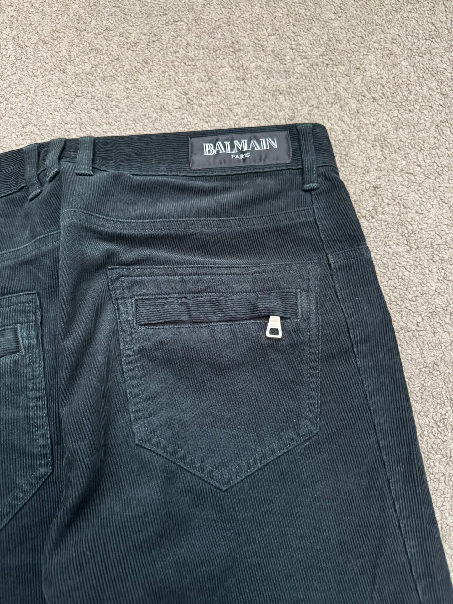 SS12 Balmain by Olivier Rousteing Green Corduroy Zip Biker Pants