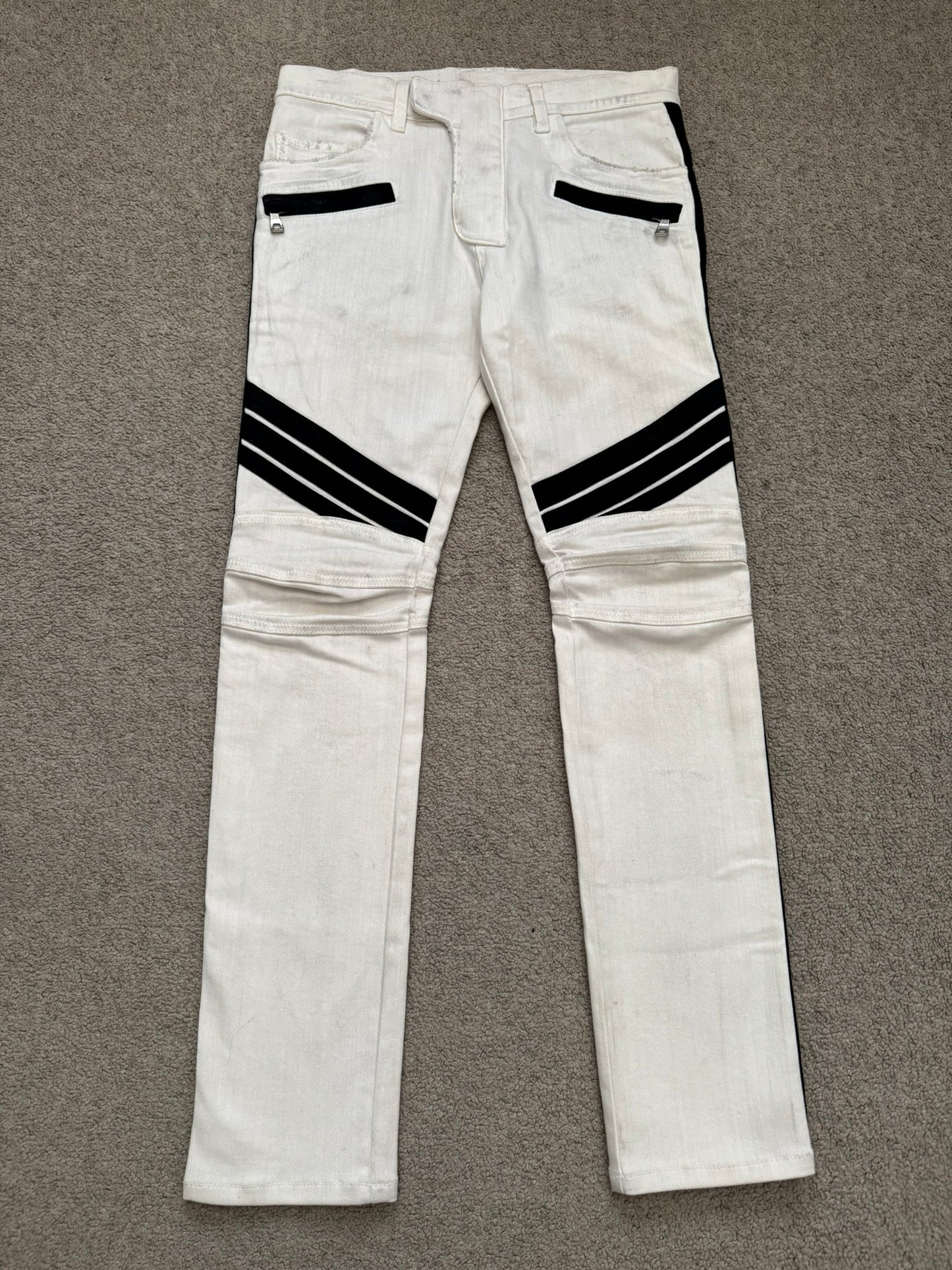 SS15 Balmain by Olivier Rousteing Two Tone Zip Biker Denim Jeans