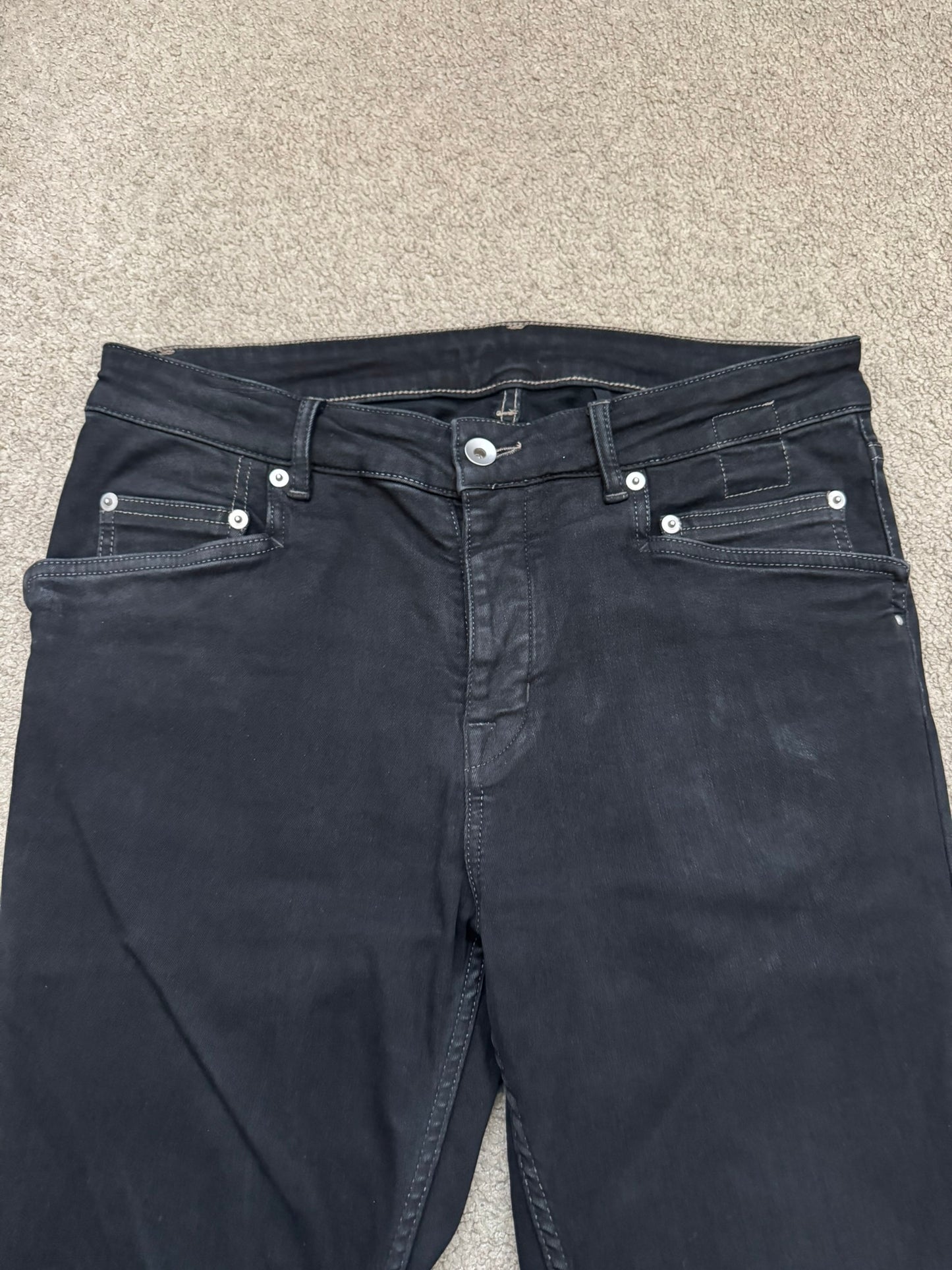 FW22 Rick Owens DRKSHDW Black Waxed Tyrone Cut Denim Jeans